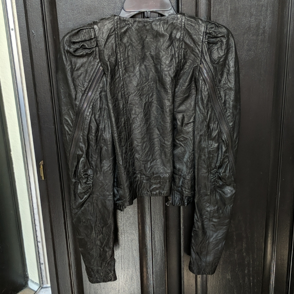 Cropped Leather Jacket With Dramatic Puff Sleeve - image 2